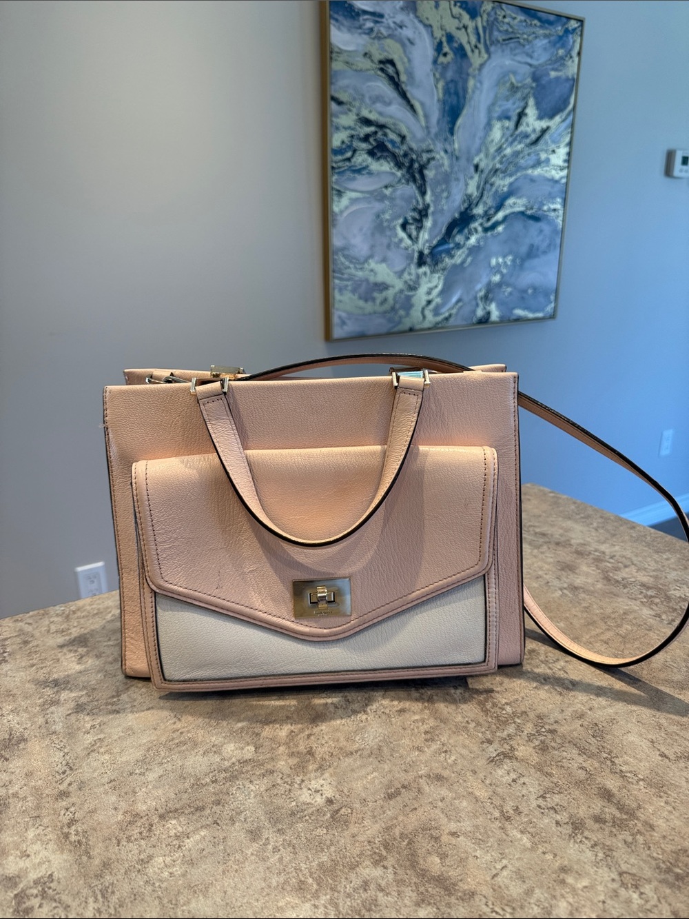 Kate Spade Light Pink and White Pebbled Leather Satchel with Gold-Tone Hardware